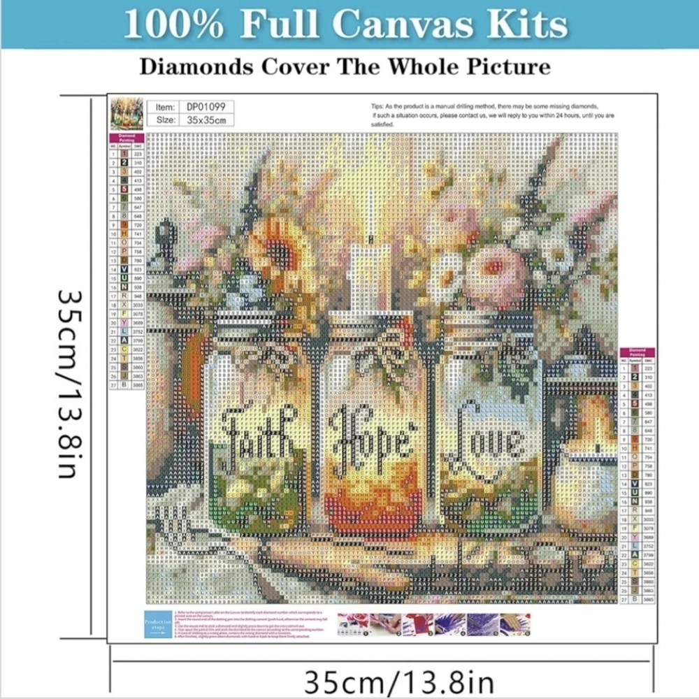 Faith Hope Love Candle Flowers Mason Jars 5D Diamond Painting Kit New - Picture 4 of 7